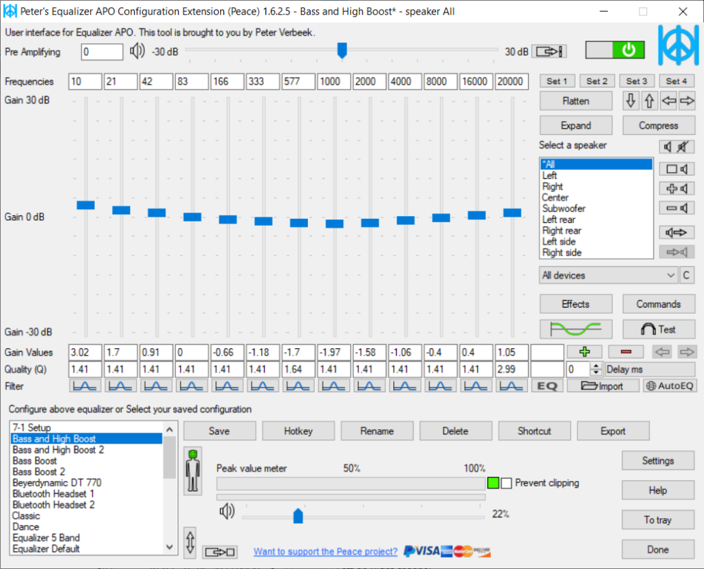 Peace GUI setup screen showing Equalizer APO Yes, installed